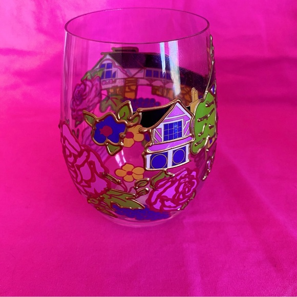 Madonna Inn Stemless Wine Vino Glass Cup Pink Gold Roses Hotel California Champ - Picture 5 of 10